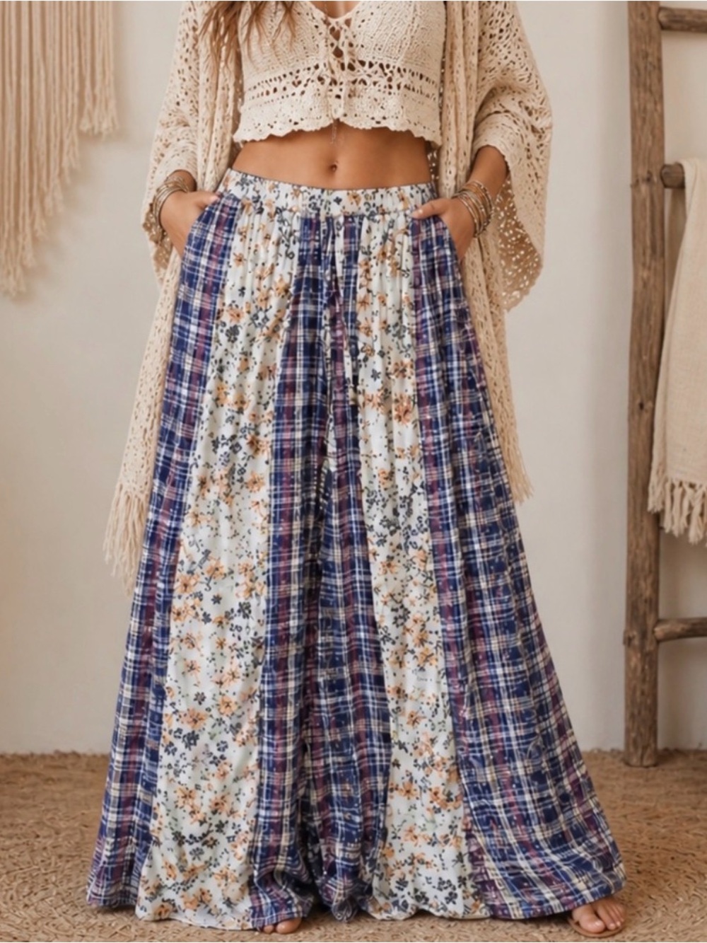POL Boho Patchwork Wide Leg Pants Floral Plaid Bohemian Festival Pants Med NWT - Picture 1 of 10
